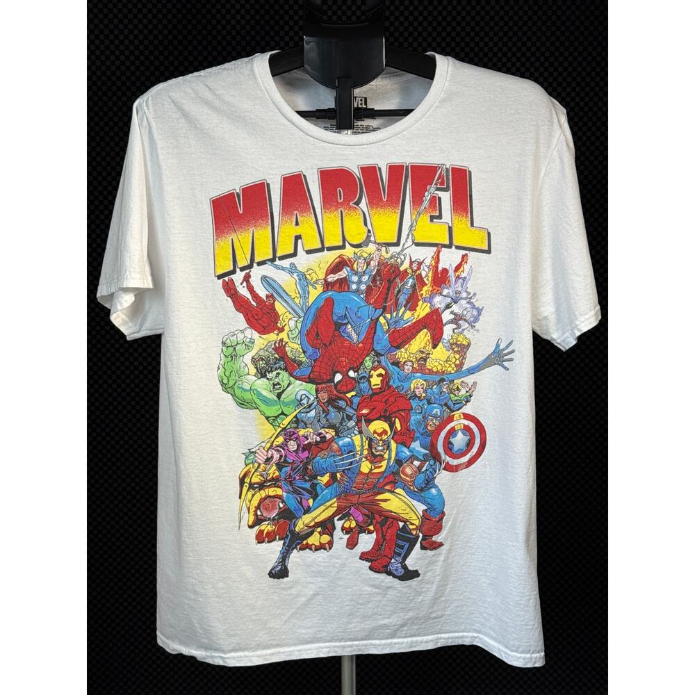 Retro Marvel Iconic Characters T-Shirt with Large front Graphic, Size Large